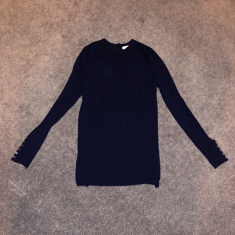 Zara navy crew neck sweater with button detail